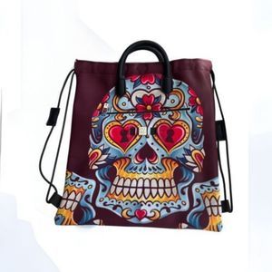Colorful Sugar Skull Drawstring Backpack - Burgundy